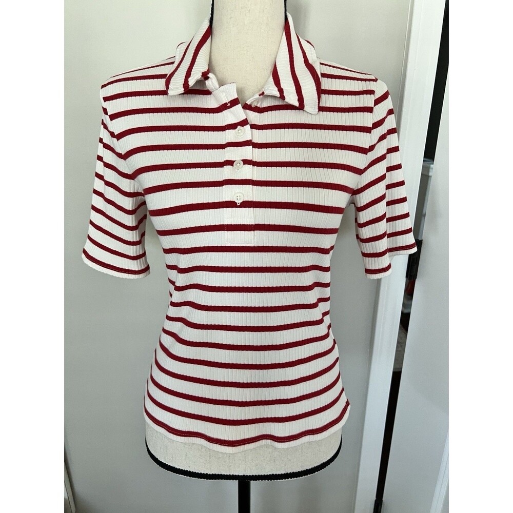 J. Crew Red And White Striped Short Sleeve Polo Shirt Medium EUC